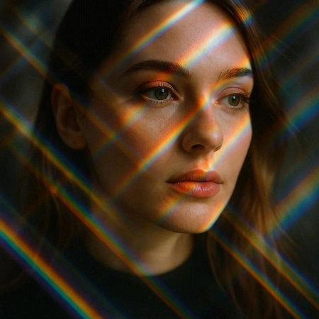 portrait of young beautiful woman with multicolored light on her face
