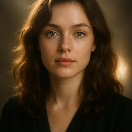 Portrait of a beautiful young woman with brown hair and green eyesの写真素材