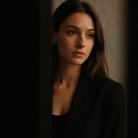 Portrait of a beautiful young woman in a black dress and jacket.