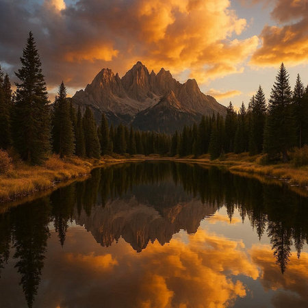 Sunset in the Rocky Mountains of Canada. Reflection in the lake.
