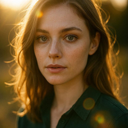 Portrait of a beautiful young woman with long brown hair in a green shirt.
