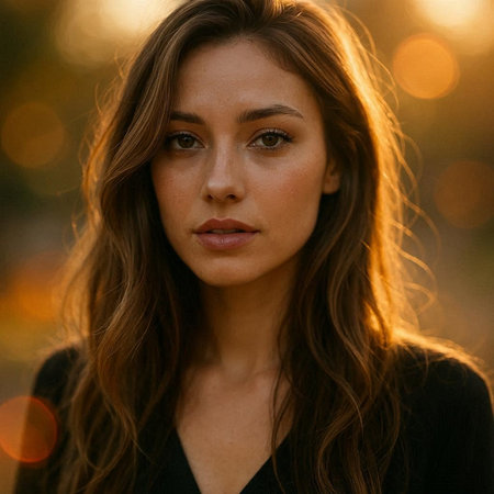 Portrait of a beautiful young brunette woman in the autumn park.