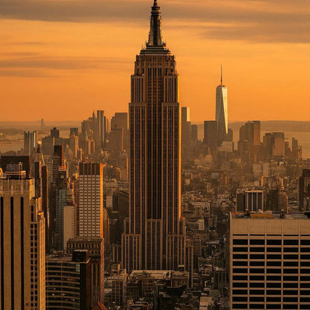 New York City Manhattan midtown skyline at sunset with Empire State Building.