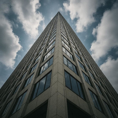 Modern office building with skyscrapers and cloudy sky. Business concept.