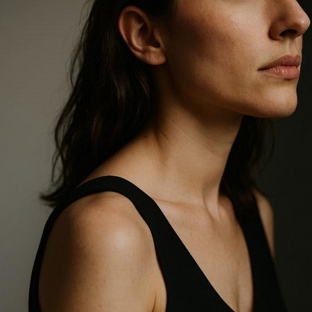 Portrait of a beautiful young brunette woman in a black dress.