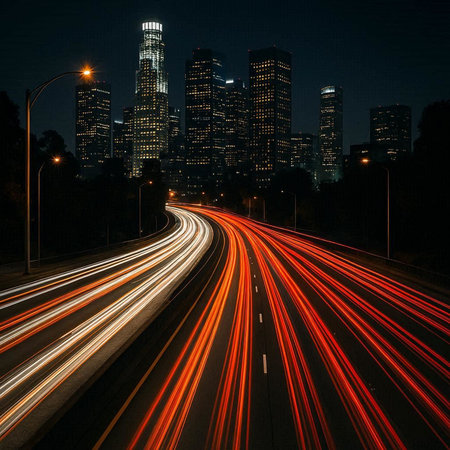 Chicago skyline with car light trails on highway at night, USA.