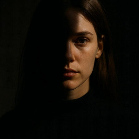 Portrait of a beautiful young woman in a black sweater on a dark backgroundの写真素材