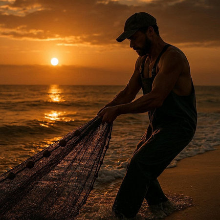 Fisherman with fishing net on the beach at sunset in Thailand