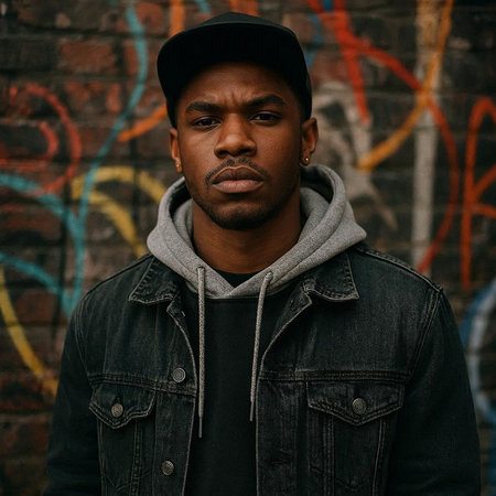 Portrait of a handsome african american man wearing jeans jacket and cap against graffiti wall