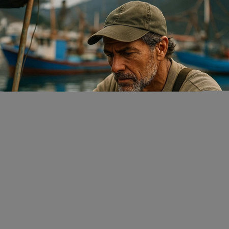 Portrait of an old man with a gray beard in a cap on the background of fishing boats