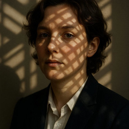 Portrait of a young man in a dark suit with shadows on the wallの写真素材