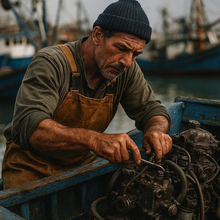 Portrait of an elderly man repairing a motor boat in the port.