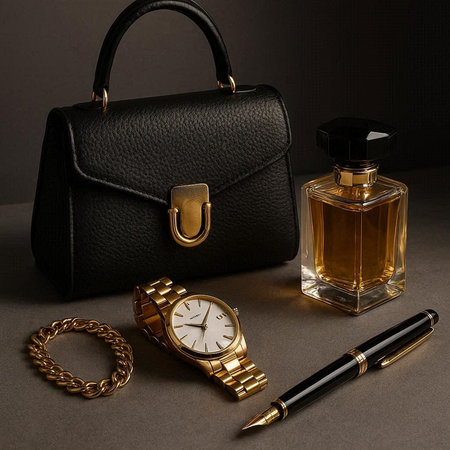 Womens accessories and perfume on a dark background, close-up