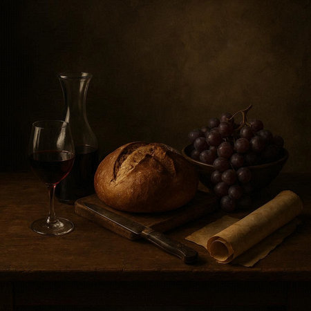 Still life with bread, wine and grapes on a wooden table.