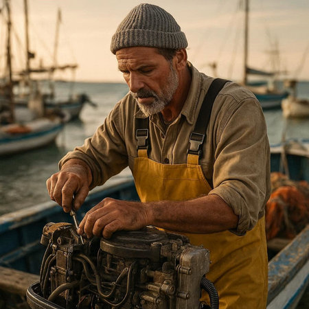 Portrait of a senior fisherman repairing a motor boat in the port