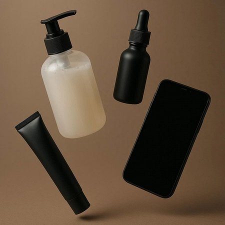 Black and white cosmetic bottles and a smartphone on a brown background.