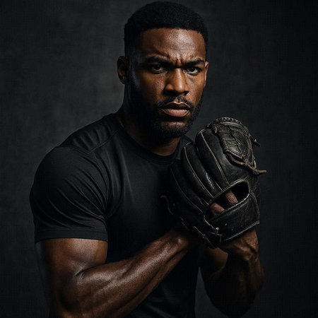 Handsome african american baseball player holding baseball glove on dark background