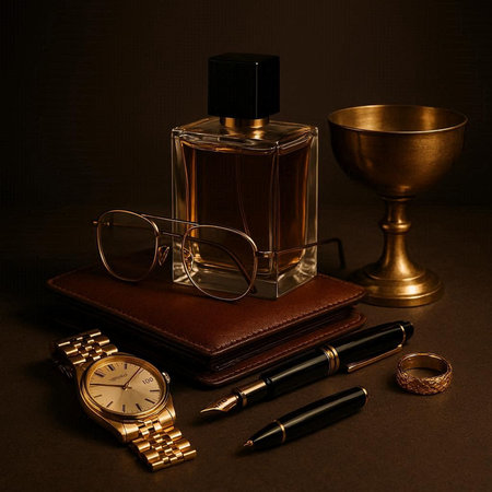 Bottle of perfume, watch, notebook and glasses on dark background