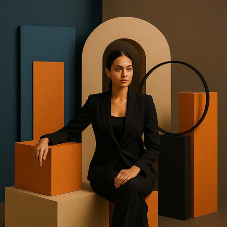 Fashion portrait of young beautiful woman in black suit posing in modern interior