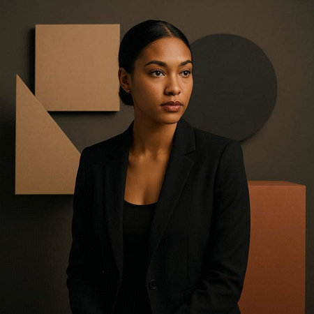 Beautiful African American businesswoman in a black suit against a dark background.