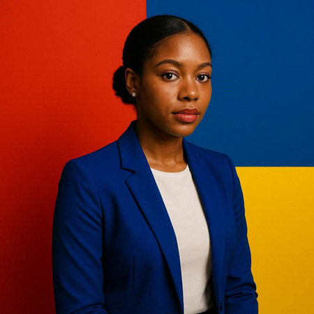 Young african american businesswoman in blue jacket and yellow and red background