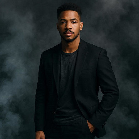 Handsome african american man in black suit standing on black smoke background.