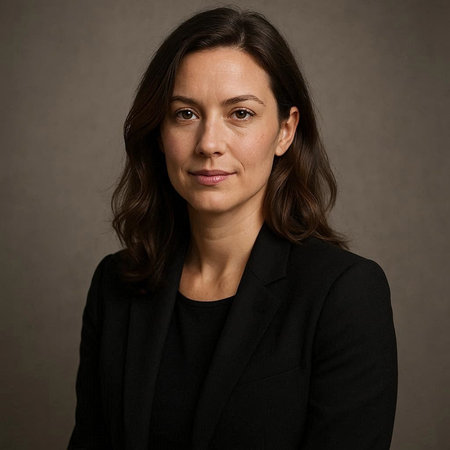 Portrait of a businesswoman wearing a black suit on a gray background
