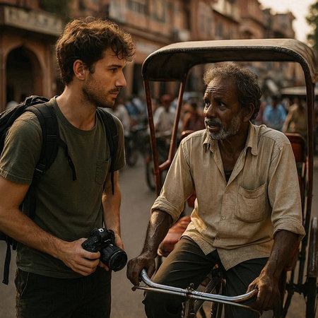 Rickshaw driver and tourist in the city of Varanasi
