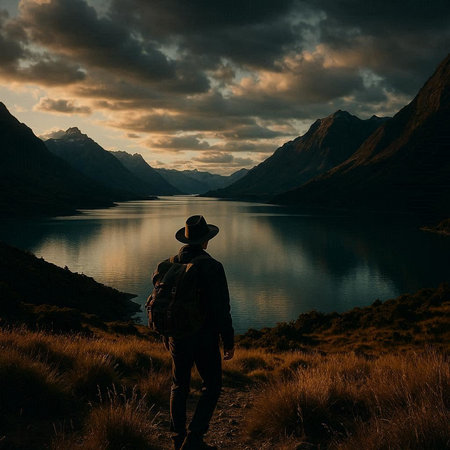 Hiker in Glenorchy National Park, South Island, New Zealandの写真素材
