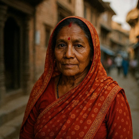 Portrait of a unknown Nepali woman at the Pashupatinath temple in the morning