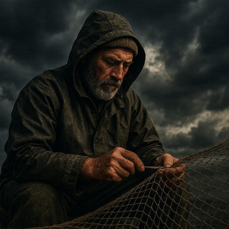 Fisherman on a fishing net under a stormy sky.