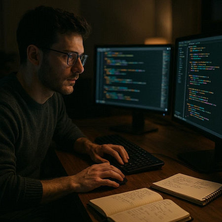 Side view of man in eyeglasses working on computer at night