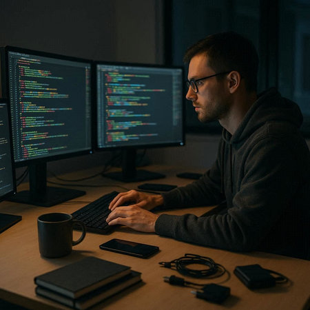 Side view of hacker in eyeglasses using computer at table in dark room