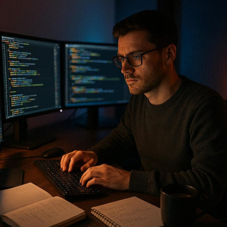 Programmer working on a computer late at night in the dark.