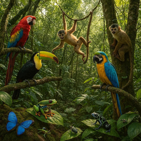 Tropical birds in the rainforest. Colorful macaws, red-and-yellow macaws, blue-and-green panda and...