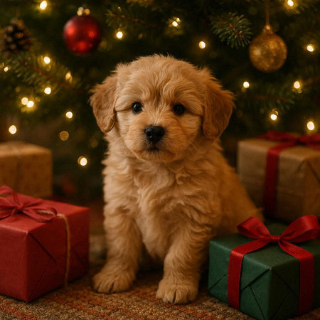 Cute Golden Retriever puppy with gifts under the Christmas tree