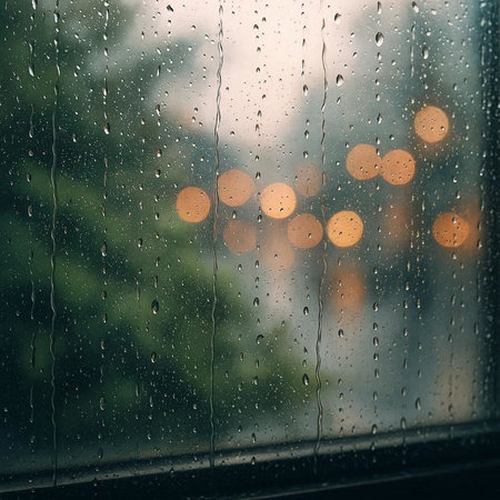 Rain drops on the window with blurred city lights bokeh background
