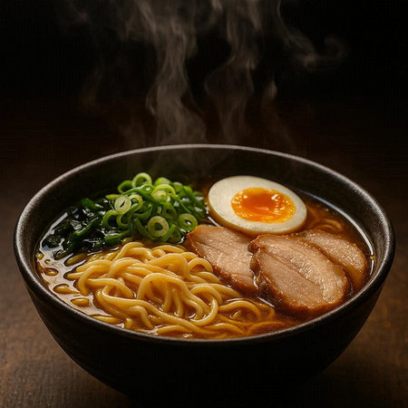 Japanese ramen noodle soup with pork and egg on dark background