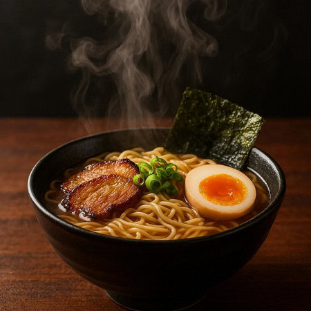 Japanese ramen noodle soup with pork and egg on wooden table