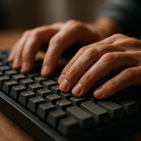 Hands typing on computer keyboard. Close-up of male hands typing on keyboard.