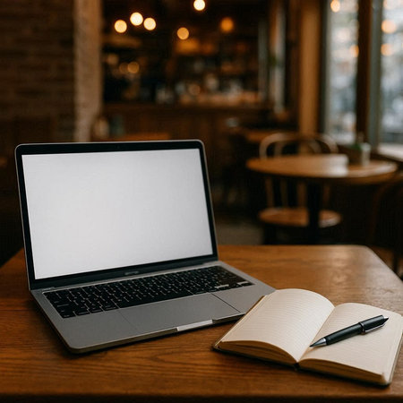 Laptop with blank screen and notepad on wooden table in cafeの写真素材