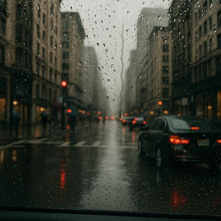 Rain drops on a glass with blurred cars on the road in the background
