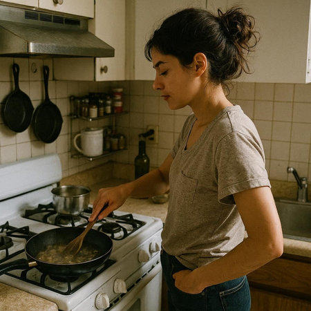 Young woman cooking in the kitchen at home. Selective focus.の写真素材