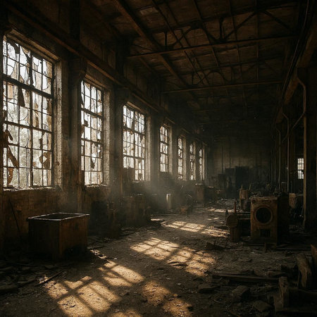 Abandoned factory interior. 3d rendering toned image.
