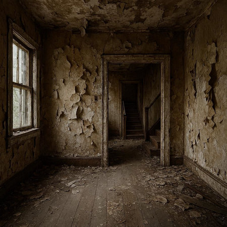 Interior of an old abandoned building with broken walls and wooden floor