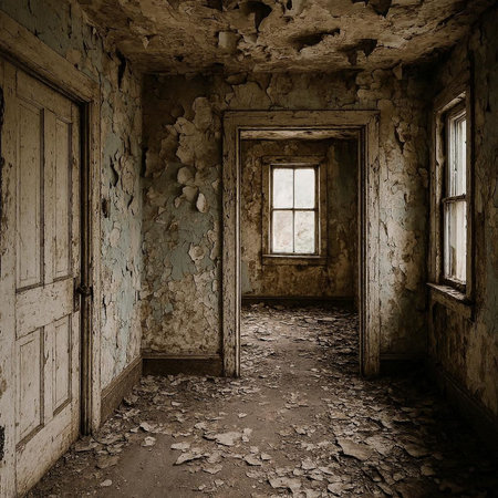 Abandoned room with broken walls and old windows, 3d render
