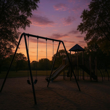 Children's playground at sunset in the park. 3d render.の写真素材