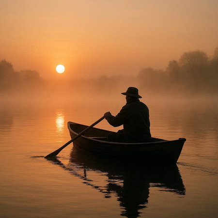 Fisherman in a boat on the lake at sunrise, misty morning