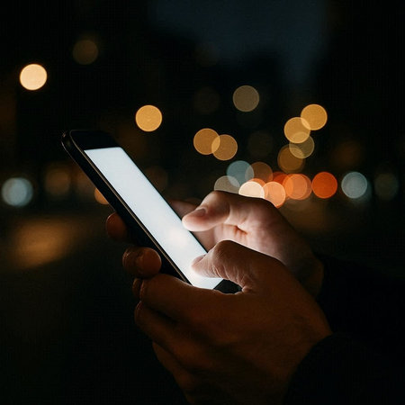 close up of man using smart phone with bokeh light background