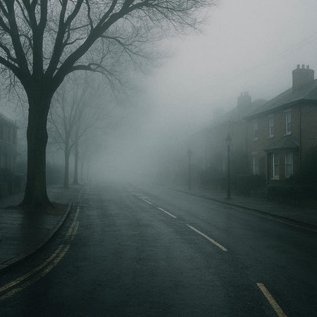 An image of an empty road in a foggy winter landscape.